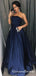 A-Line Straight Neck Sleeveless Navy Blue Long Prom Dresses With Beaded, QB0739