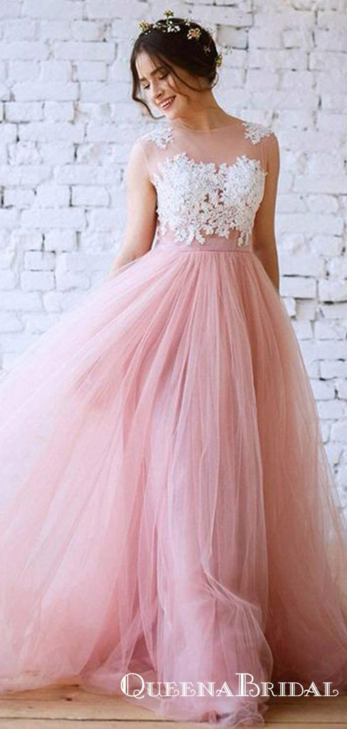 Unique A-Line Jewel Pink Tulle White Lace Long Cheap Wedding Dresses, QB0816