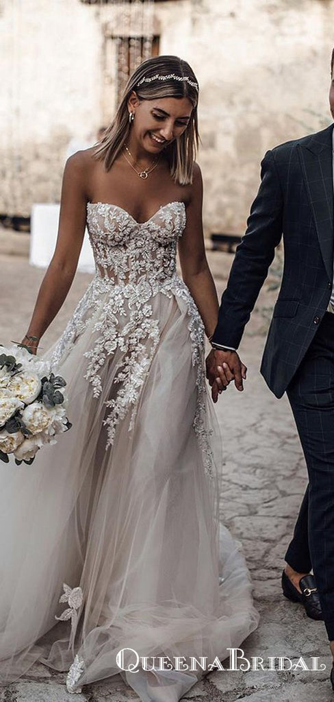 Romantic Sweetheart A-Line White Wedding Dresses with 3D Flower Applique, QB0819