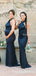 Charming Halter Backless Navy Elastic Silk Long Cheap Bridesmaid Dresses, BDS0056