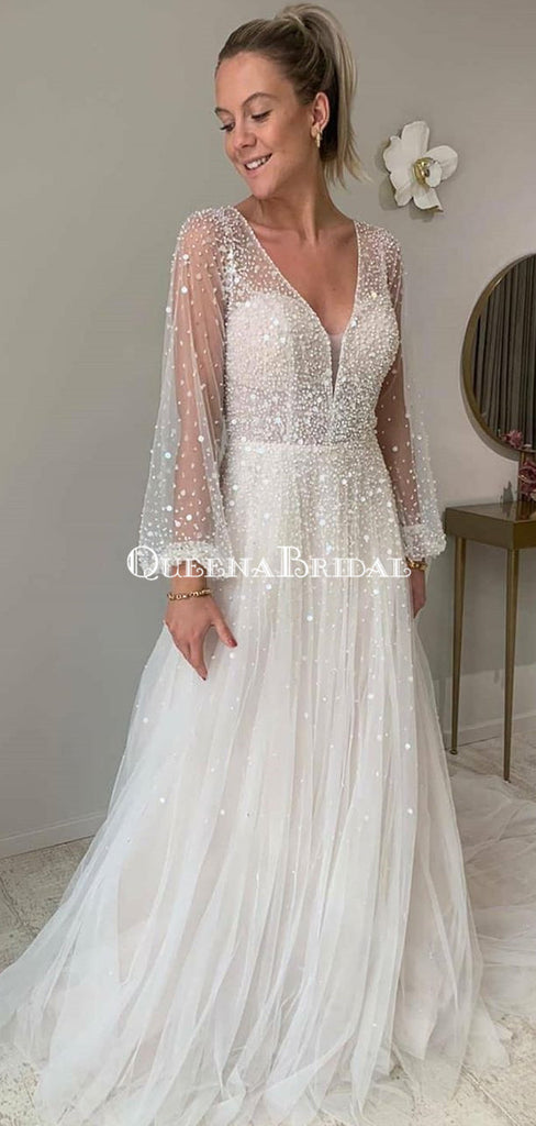 Long Sleeves V-neck Ivory Sequin Lace Backless Long Cheap Wedding Dresses, WDS0054