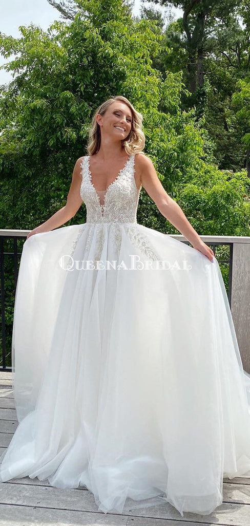 Charming V-neck Lace Appliqued Tulle A-line Long Cheap Beach Wedding Dresses, WDS0043