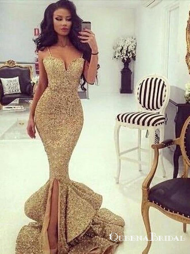 Stunning Mermaid V-neck Sequined with Long Gold Prom Dresses, QB0696