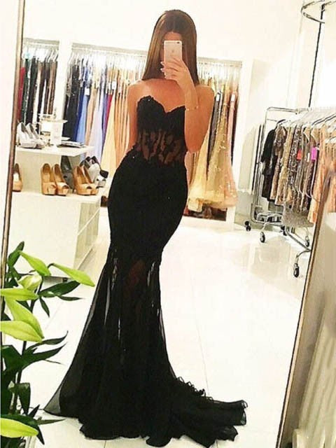 Black Tulle Sweetheart Mermaid Long with Appliques Lace Prom Dresses, QB0692