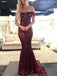 Off the Shoulder Burgundy Mermaid Prom Dresses Shiny Maroon Formal Dresses, QB0345