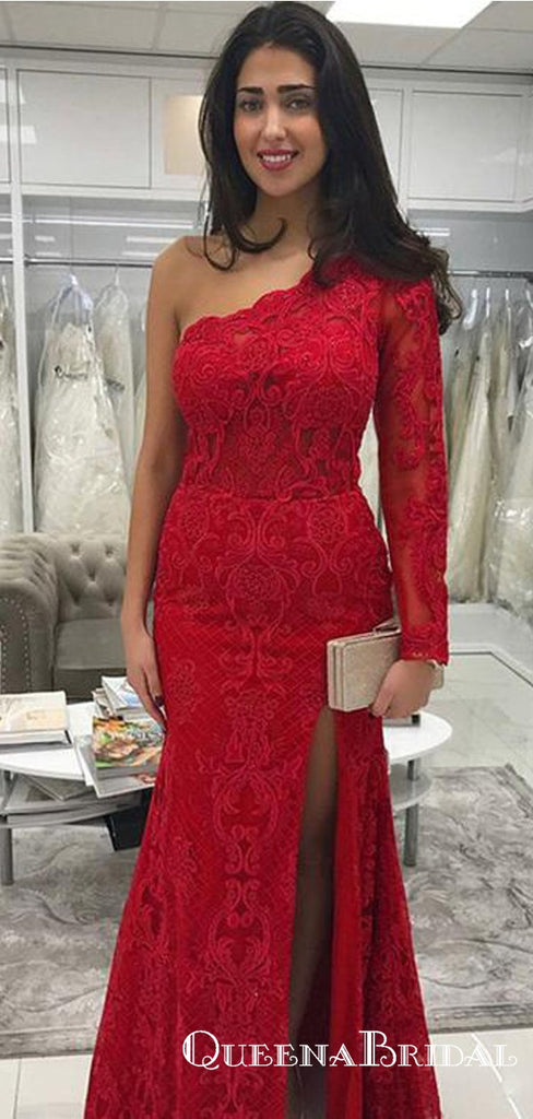 Red One Shoulder Long Sleeve Mermaid Prom Dresses With Lace Appliques, QB0653