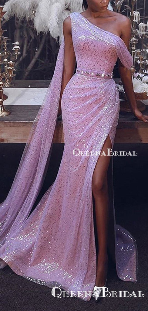 Gogerous One Shoulder Sparkly Pink Sequin Charming Long Cheap  Formal Evening Prom Dresses, QB0965