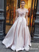 A-Line Off-the-Shoulder Long Blush Pink Satin Prom Dresses with Feather, QB0530