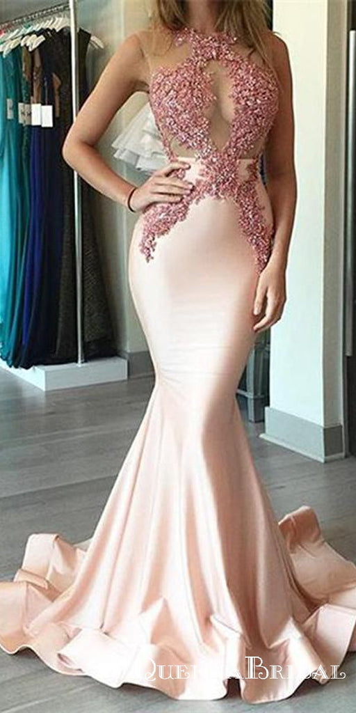 Chic Mermaid Pink Cheap Long Cheap Prom Dresses With Applique, QB0699
