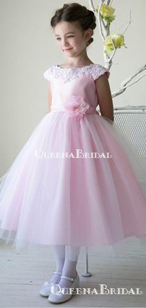 Elegant Bateau Cap Sleeve Pink Tulle A-line Long Cheap Flower Girl Dresses, FGS0021