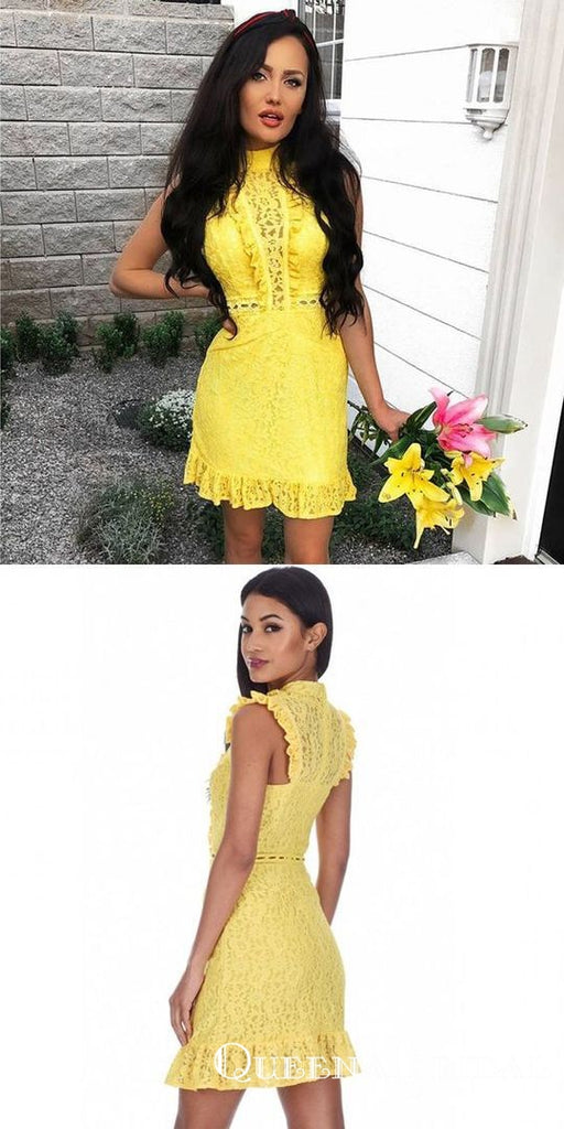 Elegant Sheath High Neck Sleeveless Yellow Lace Homecoming Dresses, QB0889