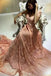 A-Line V-Neck Short Sleeves Long Cheap Pink Lace Prom Dresses, QB0685