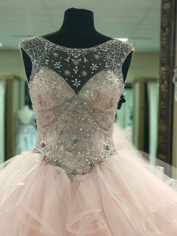 Prom Ball Gown See Through Neck Tulle Light Pink Quinceanera Prom Dresses, QB0320