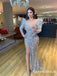 Sexy New Arrival Sweetheart Long Sleeves Silver Sequin High Side Slit Long Cheap Prom Dresses, PDS0003