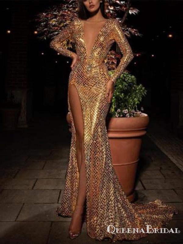 Sexy Deep V-neck Long Sleeves Sparkly Gold Sequin Mermaid Long Cheap Evening Prom Dresses, PDS0004