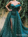 One Shoulder New Arrival Green Off-The-Shoulder Side Slit Sparkly Lace Long Prom Dresses, QB0955