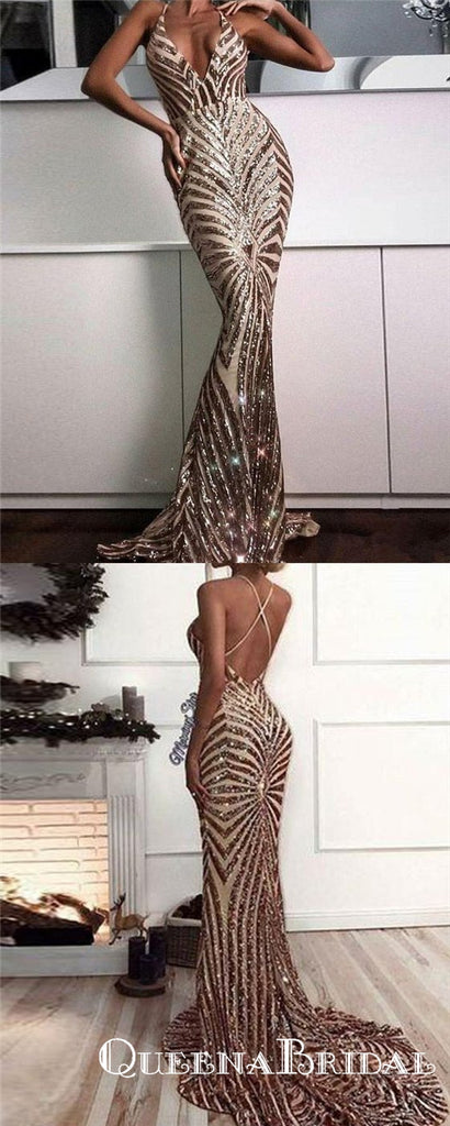 Elegant Spaghetti Straps Gold Sequined Mermaid Long Formal Prom Dresses, QB0580