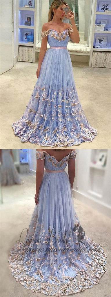Light Blue Prom Dresses Lace Appliqued Off the Shoulder Long Prom Dresses, QB0337