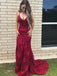 2021 Burgundy Lace Mermaid Long Evening Prom Dresses, QB0453