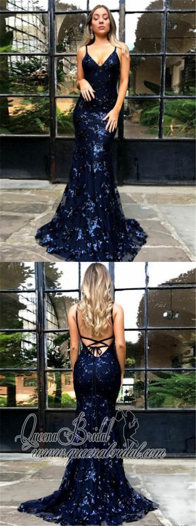 2019 Sparkly Backless Navy Sequin Mermaid Long Evening Prom Dresses, QB0450