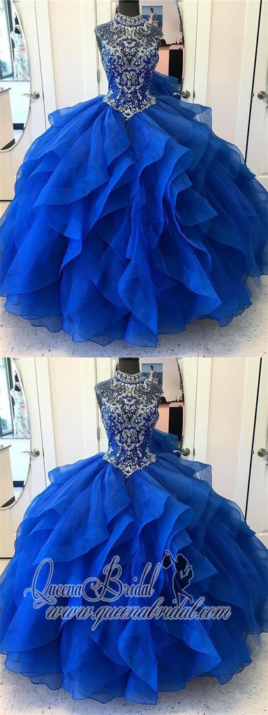 Royal Blue Organza High Neck Quinceanera Dresses Burgundy Prom Dresses, QB0333