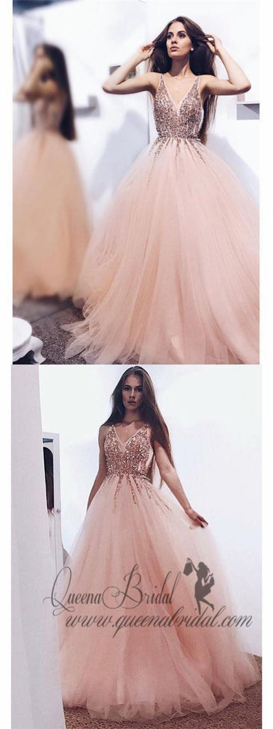 Blush Pink Prom Dresses Beaded V Neck Tulle Ball Gown Prom Dresses, QB0300