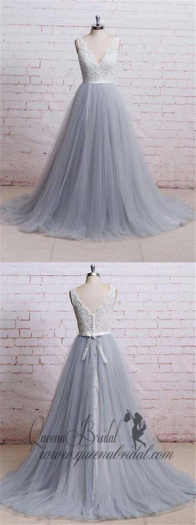 A-line V-neck Ivory Lace Bodice Grey Tulle Skirt Chapel Train Prom Dresses, QB0275
