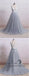 A-line V-neck Ivory Lace Bodice Grey Tulle Skirt Chapel Train Prom Dresses, QB0275