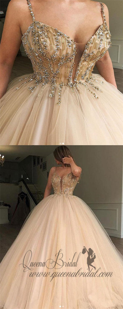 Spaghetti Straps Beaded Ball Gown Tulle Cheap Long Evening Prom Dresses, QB0366