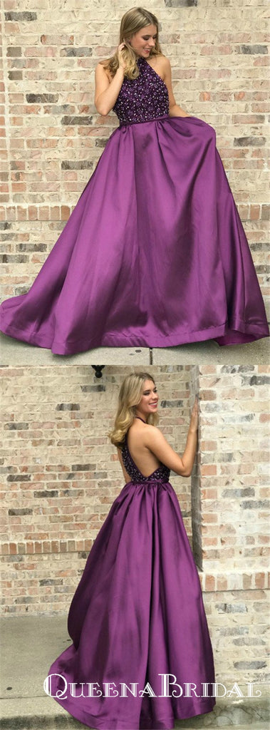 Halter Beaded Bodice Purple Satin Long Cheap Prom Dresses, QB0718