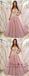 2019 Charming Cheap V Neck A-line Lace Pink Long Evening Prom Dresses, QB0395
