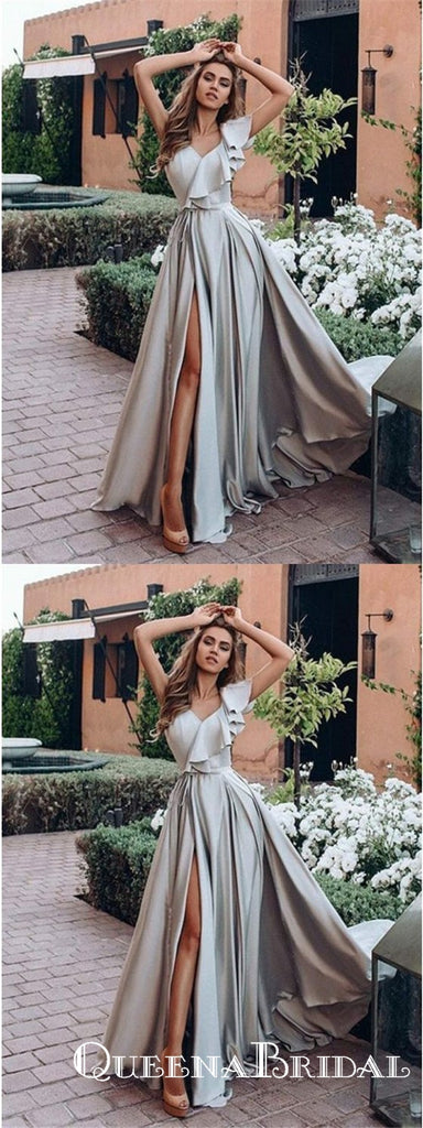 A-Line V-Neck Long Cheap Grey Prom Dresses with Ruched Split, QB0794