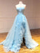 Unique Design Strapless Sleeveless Sky Blue Organza Side Slit A-line Long Cheap Formal Prom Dresses, PDS0036