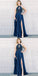A Line Halter Keyhole Navy Blue Prom Dresses With Beading Split, QB0588