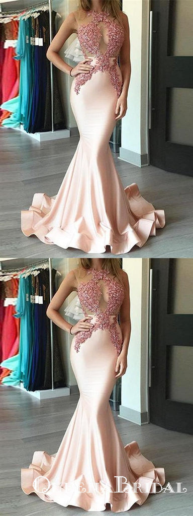 Chic Mermaid Pink Cheap Long Cheap Prom Dresses With Applique, QB0699