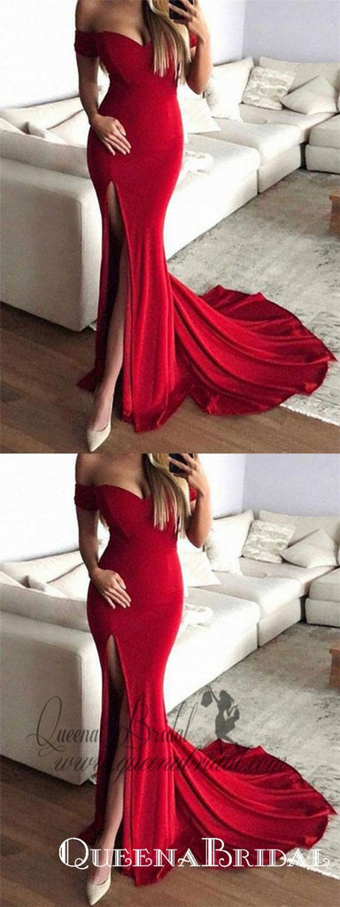 Simple Red Mermaid Side Slit Off Shoulder Long Evening Prom Dresses, QB0399