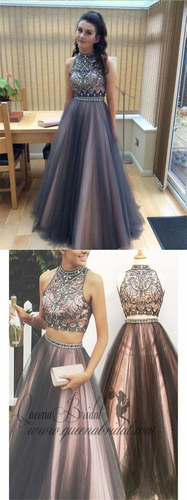 A-line Halter High Neck Beaded Top Tulle Two Piece Long Prom Dresses, QB0277