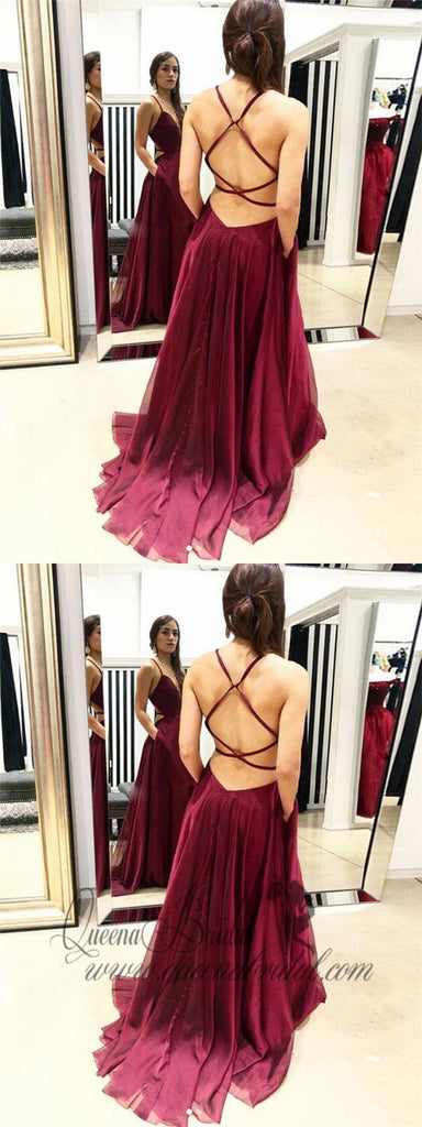 Sexy Backless V Neck Maroon Long Evening Prom Dresses, QB0414