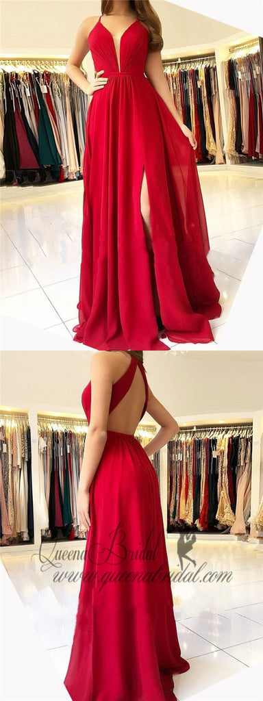 Sexy Bright Red Halter Side Slit Long Evening Prom Dresses, QB0424