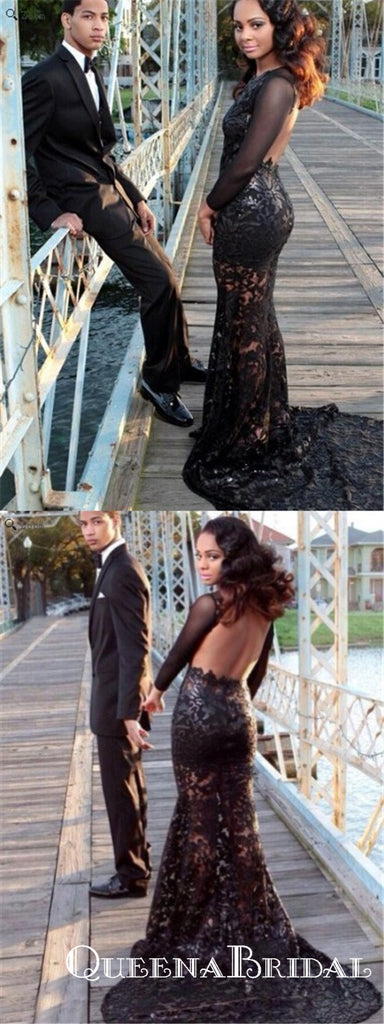 Black Scoop See Through Backless Long Cheap Lace Prom Dresses, QB0658