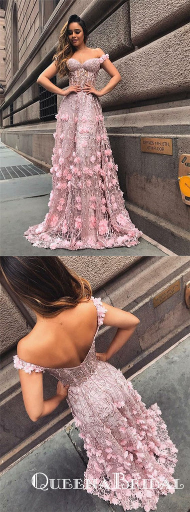 Fancy A-line Blush Off Shoulder Long Prom Dresses with Appliques Lace, QB0666