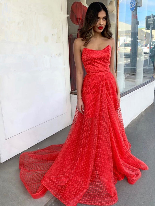 Newest Sweetheart Red Lace A-line Long Cheap Prom Dresses, PDS0103