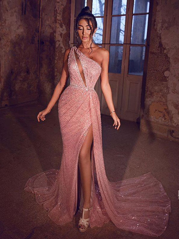 Sexy One Shoulder Sleeveless Pink Sequin Mermaid Long Cheap Prom Dresses, PDS0092