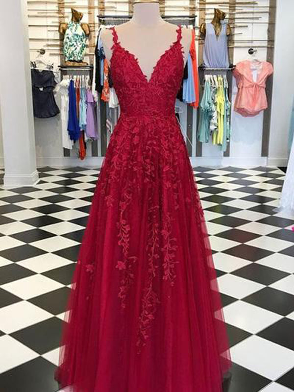 Spaghetti Straps Lace Dark Red Cheap Long Evening Prom Dresses, Cheap Custom Sweet 16 Dresses, PDS0077