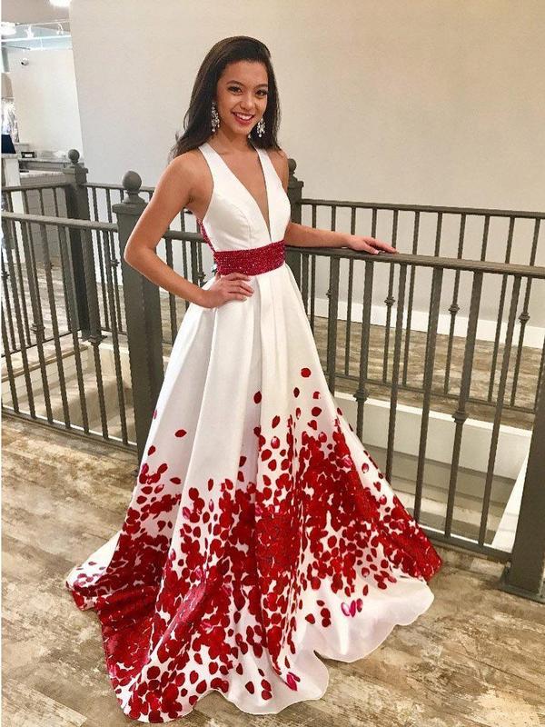 Red Beaded Floal Printed Long Prom Dresses with Deep V-Neck Formal Dress Plus Size, QB0339