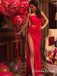 Sexy Sheath Hollow out Red One Shoulder Ruffled Long Prom Dresses, QB0581