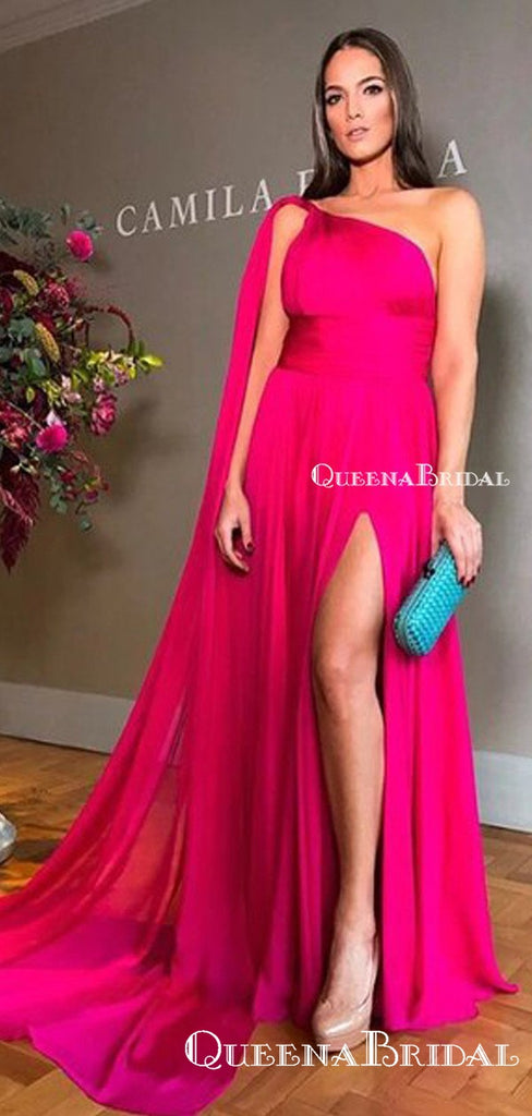Rose Pink A Line Cape One Shoulder Sexy High Slit Elegant Formal Evening A-line Long Cheap Prom Dresses, PDS0044