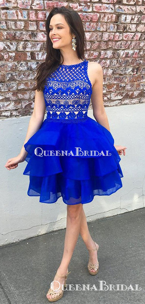 Charming Bateau Royal Blue Organza A-line Short Cheap Party Homecoming Dresses, HDS0012