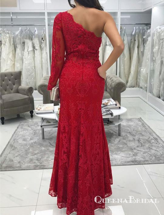 Red One Shoulder Long Sleeve Mermaid Prom Dresses With Lace Appliques, QB0653