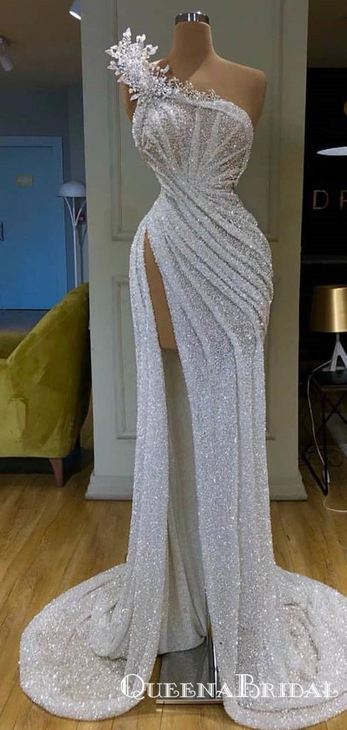New Arrival Sparkly One Shoulder Sleevesless High Silt Long Cheap Sequin Prom Dresses, QB0928